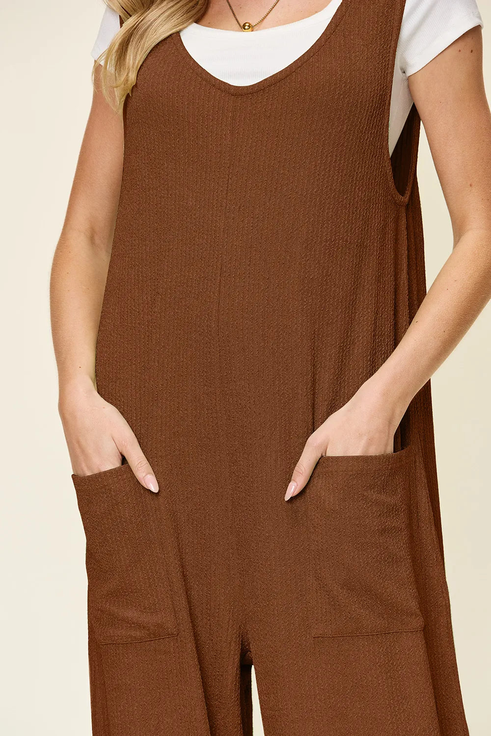 Double Take Full Size Texture Sleeveless Wide Leg Jumpsuit - kinko