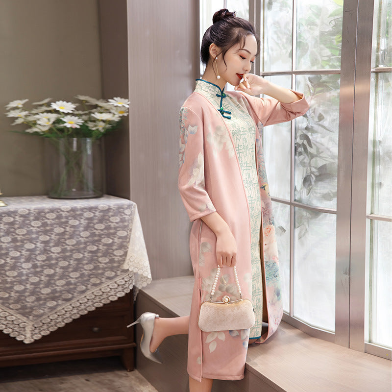 Women's Medium Length Cheongsam With Suede And Aodai Dress - kinko