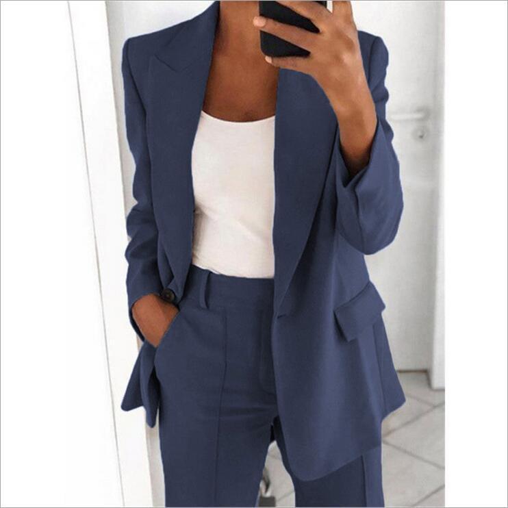 Ins Button Casual Suit Fashion Long-sleeved Lapel Blazer Jacket And Slim-fit Pocket Trousers For Women Clothing - kinko