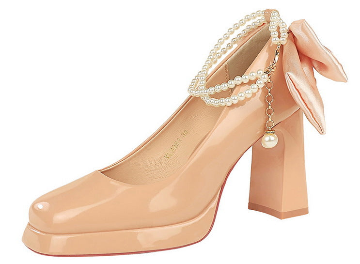 Square Toe Thick Heel Super High Heel Waterproof Platform Pearl Chain Word with Bowknot Wedding Shoes Pumps - kinko Global Holdings inc