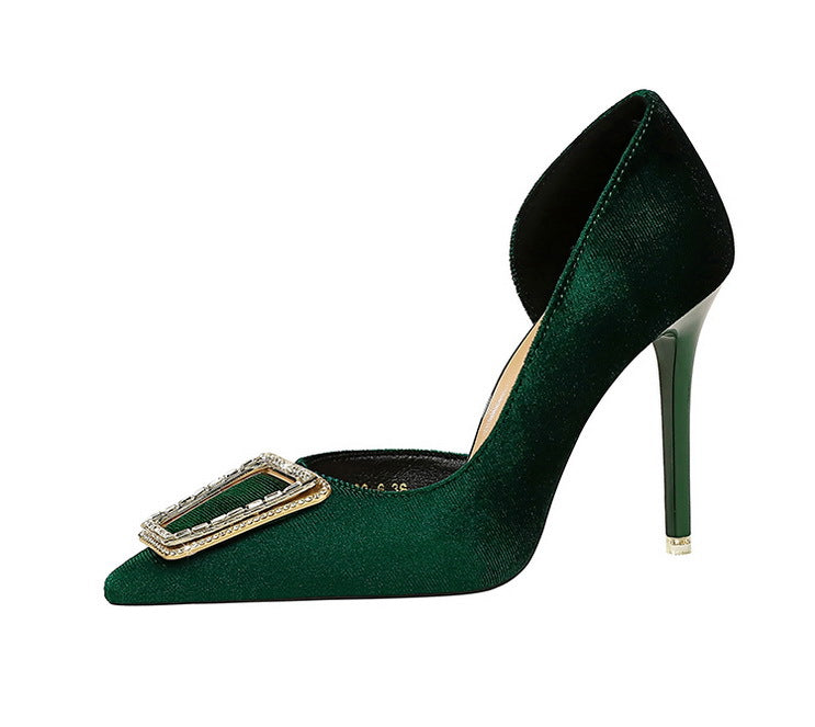 Cocktail High Heels Stiletto Heel Shallow Mouth Pointed Toe Metal Buckle Suede Side Empty Super High Heel Shoes - kinko Global Holdings inc