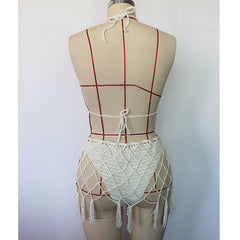 Beach Travel Hand Crocheting Mesh Belt Long Fringe Hollow Out Cutout Knitted Lace-up Sexy Open Back Swimsuit Bikini Crochet hook