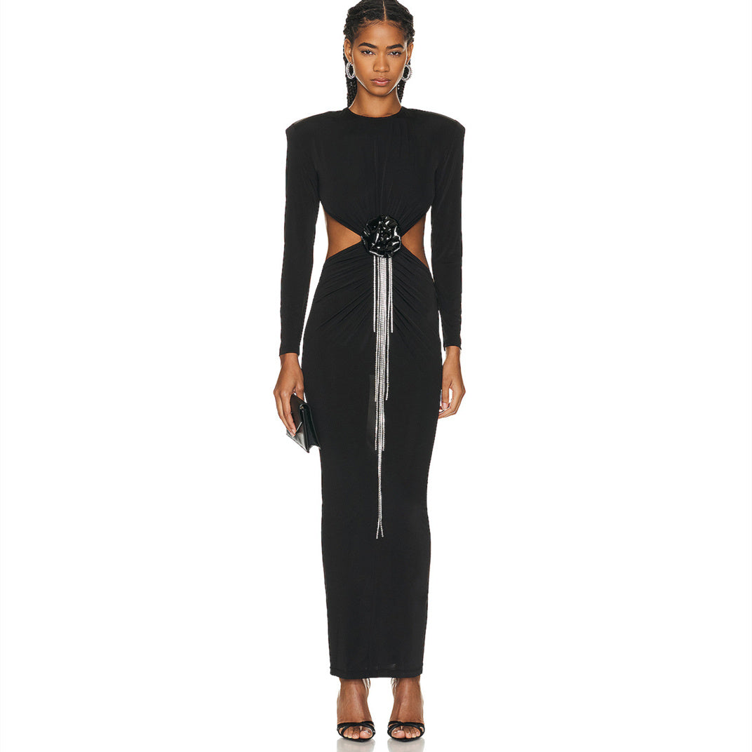 Sexy Backless Black Long Sleeve Hollow Flower Tassel Decoration Dress - kinko