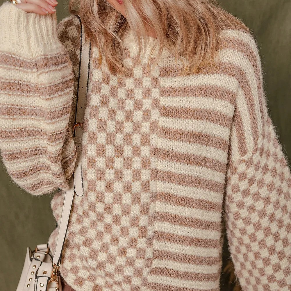 Khaki Stripe Checkerboard Drop Shoulder Balloon Sleeve Sweater - kinko