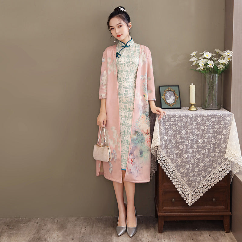 Women's Medium Length Cheongsam With Suede And Aodai Dress - kinko