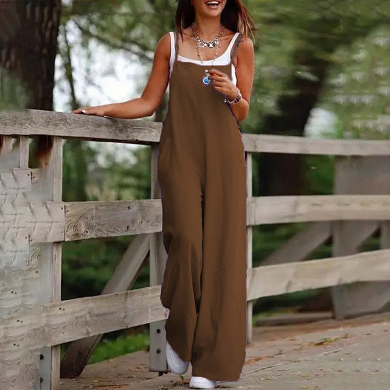 Plus Size Women's Solid Color Casual Jumpsuit - Sleeveless Romper With Pockets For Spring&Summer - kinko