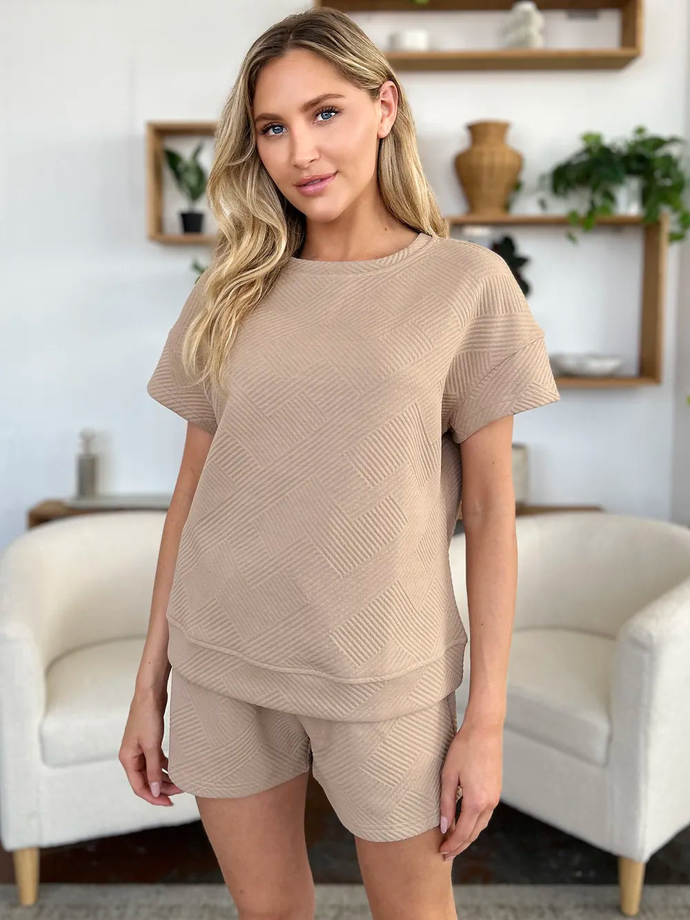 Double Take Full Size Texture Short Sleeve T-Shirt and Drawstring Shorts Set - kinko