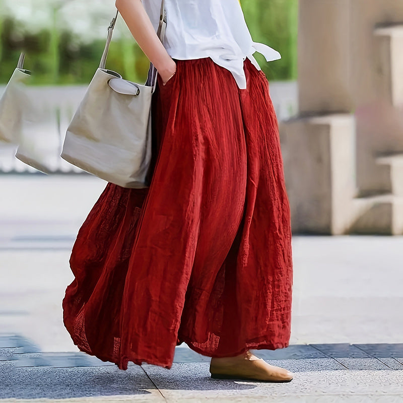 Women Bohemian Beach A-Line Dress Elastic Waist Flowy Long Maxi Skirt With Pockets - kinko