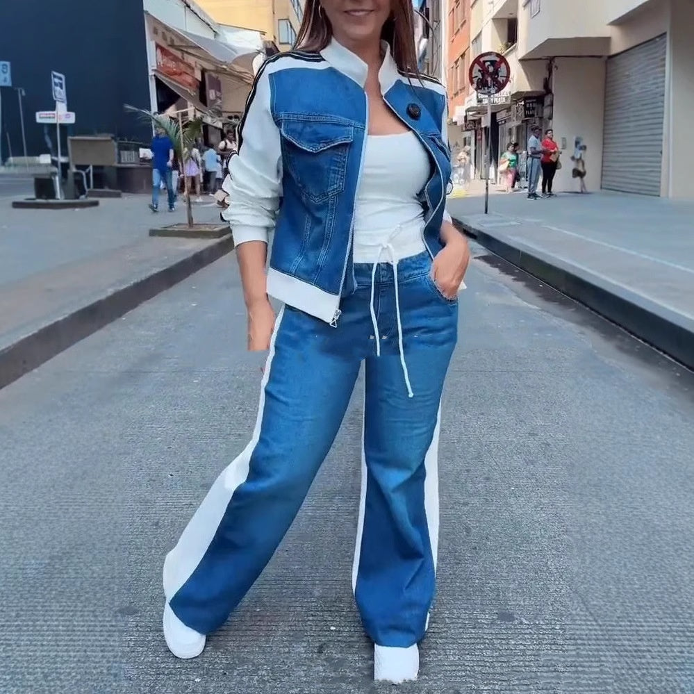 Women's Fashion Denim Stitching Long-sleeve Zipper Two-piece Set - kinko