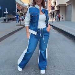 Women's Fashion Denim Stitching Long-sleeve Zipper Two-piece Set - kinko