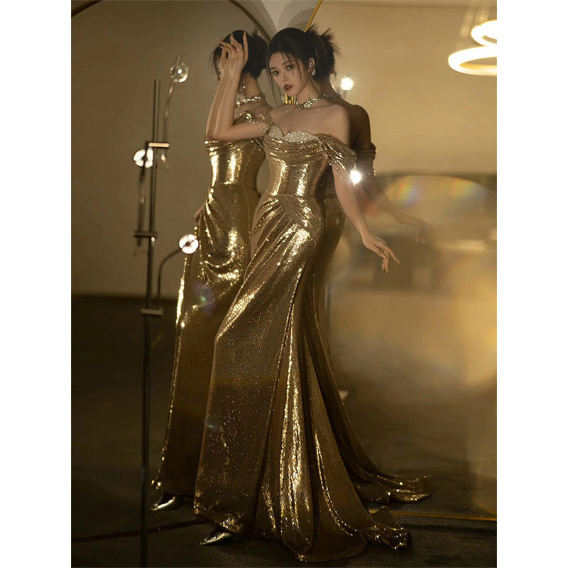 Gold Evening Dress Women's High-grade Sequined Off-shoulder Tube Top Toast Dress Bridal Fishtail Dress - kinko