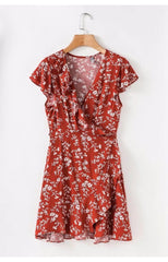Design V-neck Tropical Print Ruffle Dress
