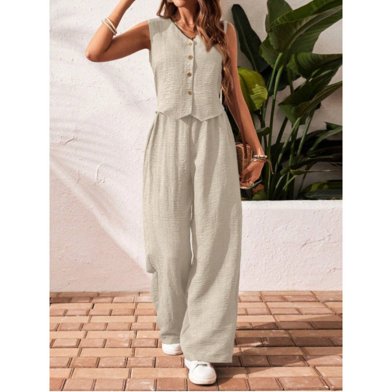 Linen Leisure Commute Front Button Vest And Trousers - kinko