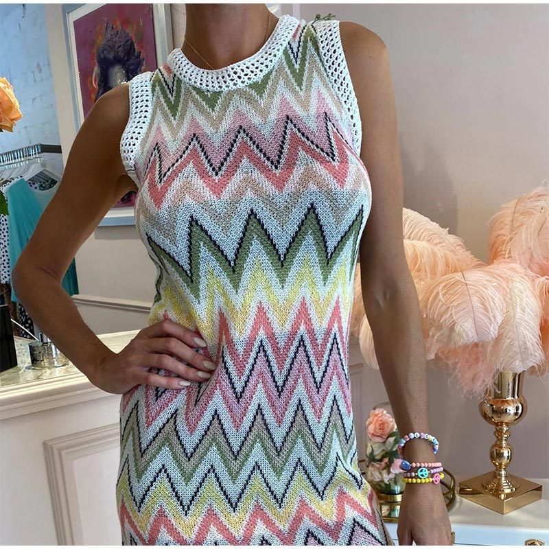 Rainbow Knit Dress Women Mini Dresses Patchwork Casual - kinko