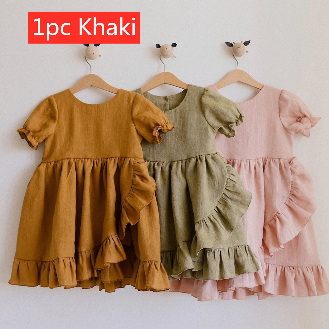 Girls' Dresses, Princess Dresses, Cotton And Linen Short-sleeved Ruffles - kinko