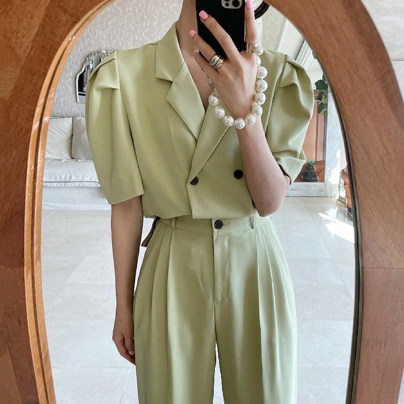 Simple Lapel Double-breasted Puff Sleeve Blazer High-waist Pleated Casual Trousers Trousers Women - kinko