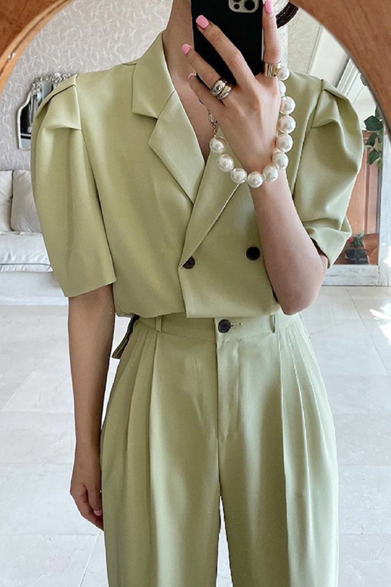 Simple Lapel Double-breasted Puff Sleeve Blazer High-waist Pleated Casual Trousers Trousers Women - kinko