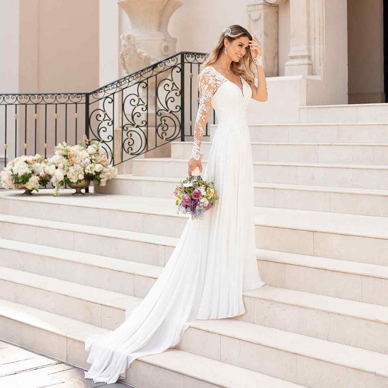Sexy Backless Deep V-neck Wedding Dress Women White Evening Dress - kinko