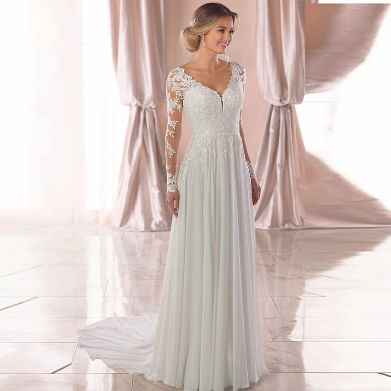 Sexy Backless Deep V-neck Wedding Dress Women White Evening Dress - kinko