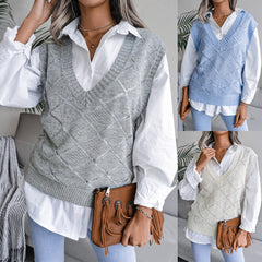 Women's V-neck Hollow Rhombus Casual Knitted Sweater Vest - kinko