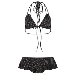 Women Clothing Vacation Swimsuit Sexy Sexy Polka Dot Print Tied Lotus Leaf Split Bikini Two Piece Sets