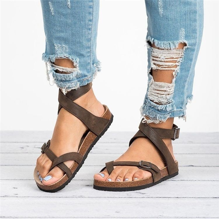 Summer plus Size Sandals Cork Sole Roman Toe Covering Belt Buckle Strip Winding Sandals Women - kinko Global Holdings inc