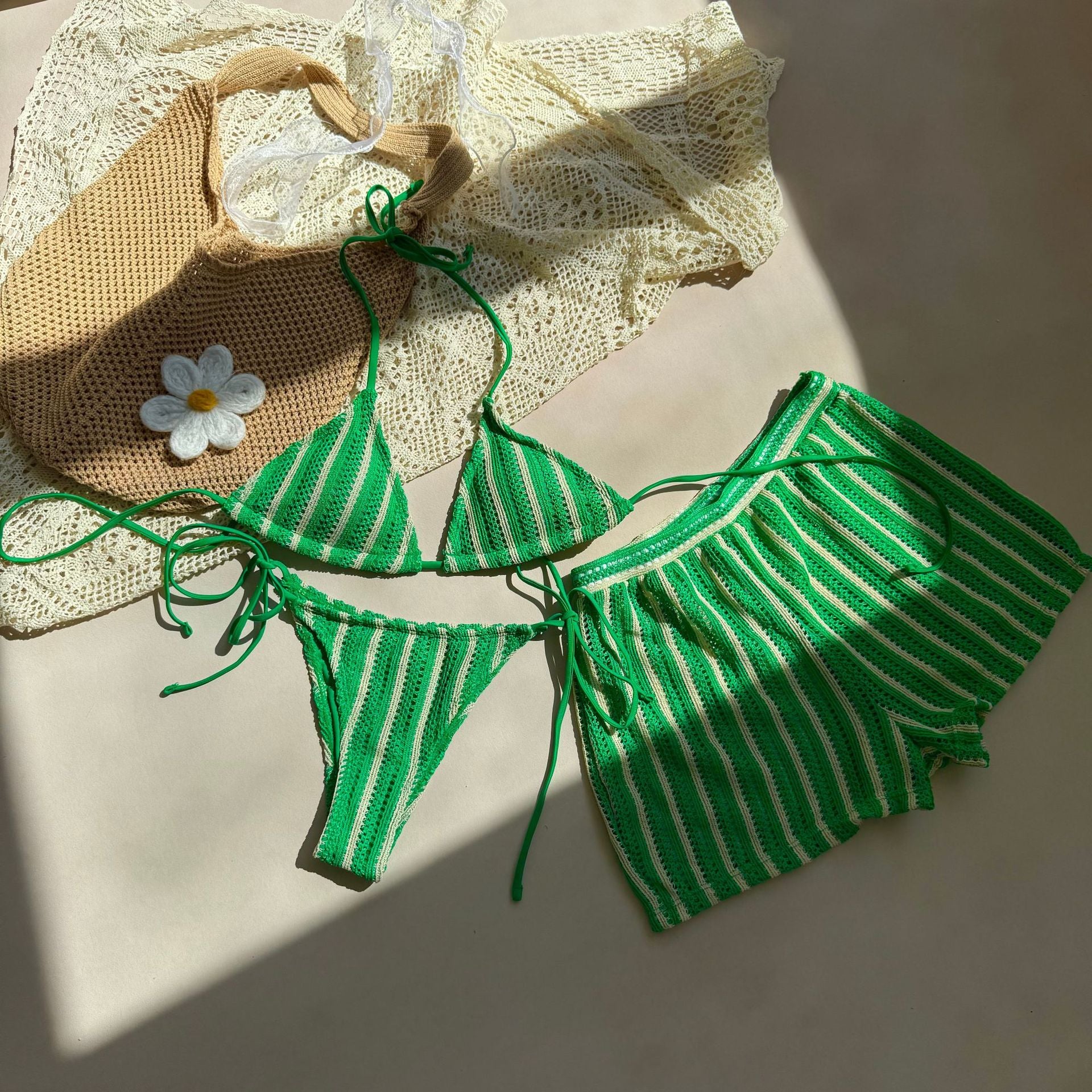 Sexy Lace up Striped Three Piece Swimsuit Bikini - kinko Global Holdings inc