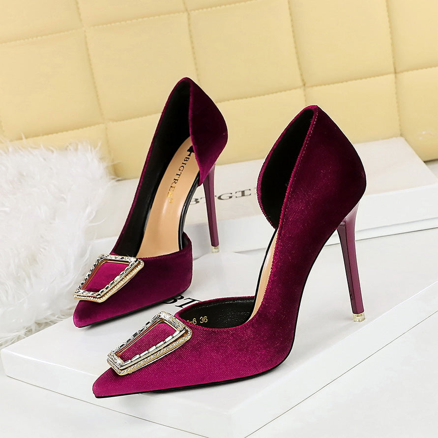 Cocktail High Heels Stiletto Heel Shallow Mouth Pointed Toe Metal Buckle Suede Side Empty Super High Heel Shoes - kinko Global Holdings inc