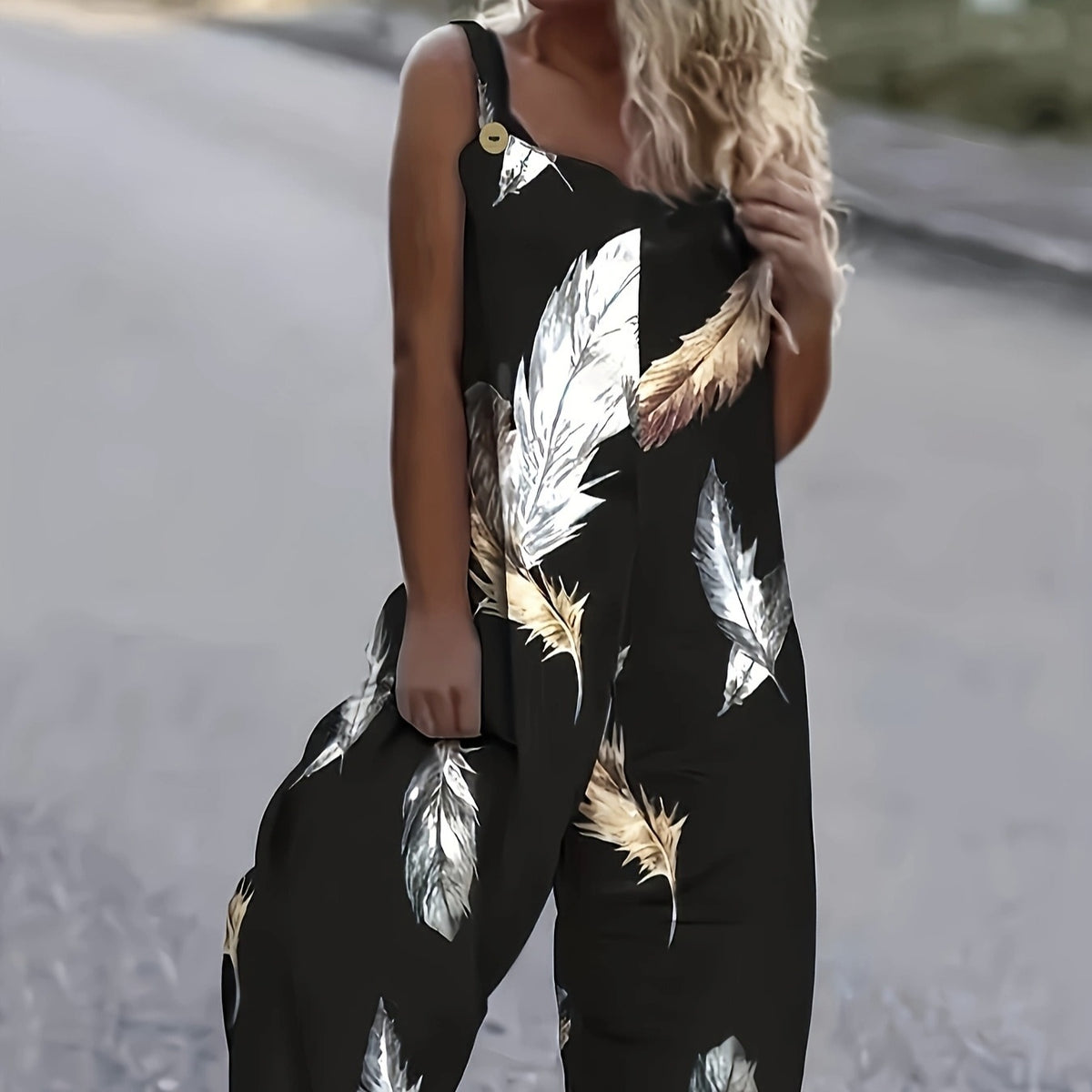 Women's Feather Print Ruffle Hem Pleated Fashionable Jumpsuit - kinko