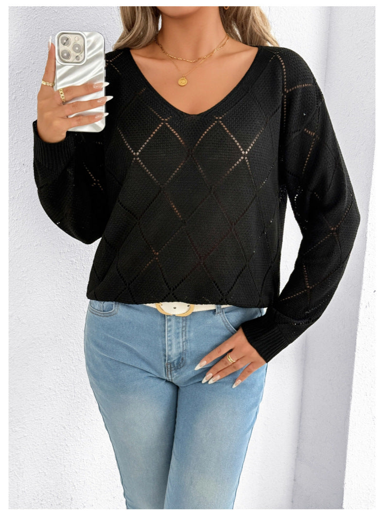 Solid Color And V-neck Sexy Cutout Plaid Long-sleeved Sweater Sweater - kinko
