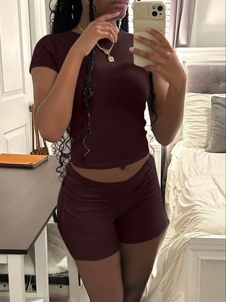 Casual Women's Workout Two-piece Short Sleeve High Waist Fold Bell-bottom Pants Shorts - kinko