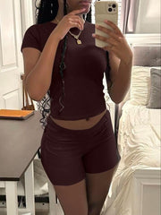 Casual Women's Workout Two-piece Short Sleeve High Waist Fold Bell-bottom Pants Shorts - kinko