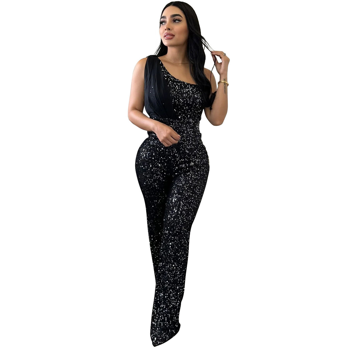 Women's Solid Color Sleeveless One-shoulder Sequined Trousers Jumpsuit - kinko