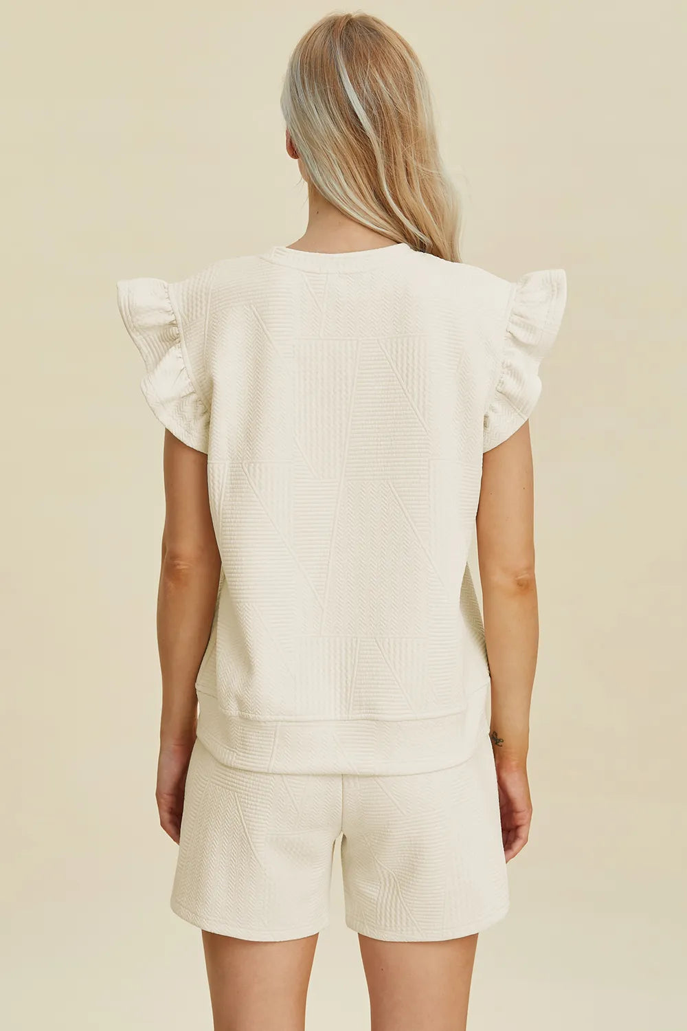 Double Take Full Size Texture Round Neck Ruffle Sleeve Top and Shorts Set - kinko