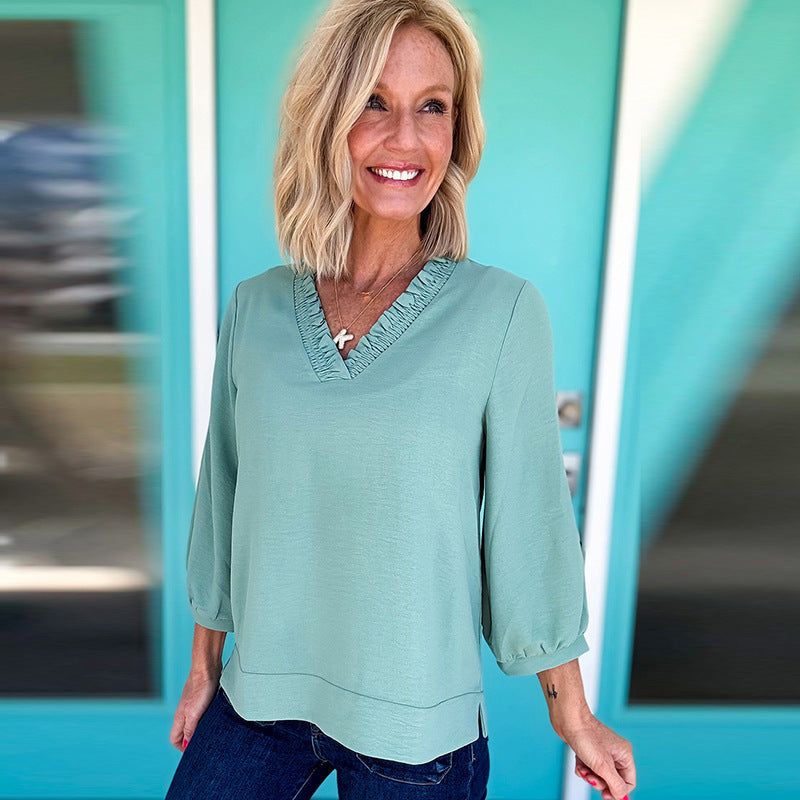 Solid Color And V-neck Women's Loose Casual Chiffon Shirt Top - kinko