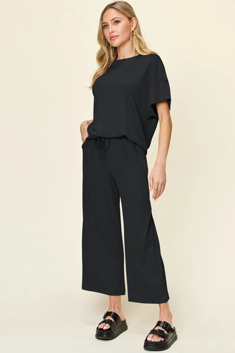 Double Take Full Size Texture Round Neck Short Sleeve T-Shirt and Wide Leg Pants - kinko