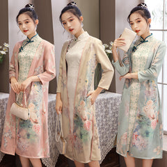 Women's Medium Length Cheongsam With Suede And Aodai Dress - kinko