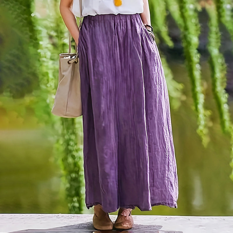 Women Bohemian Beach A-Line Dress Elastic Waist Flowy Long Maxi Skirt With Pockets - kinko