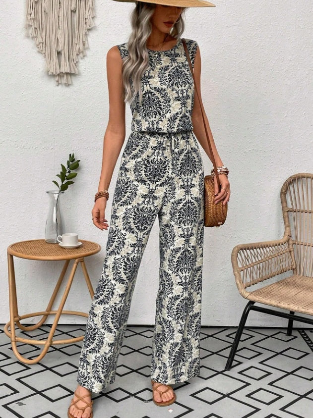 Printed Waist Cinching Casual Straight Leg Pants Set - kinko