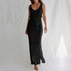 Sunscreen Beach Dress Hollow Out Cutout out Strap Women Maxi Dress with Tassel Bikini Swimsuit Blouse