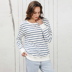 Early Autumn Striped Long Sleeved Top Women Casual Loose Fitting Pullover round Neck Knitwear Women