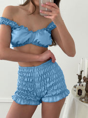 Pleated Satin Casual Comfortable Suspender Underwear Shorts Cardigan Pajamas Home Wear Three Piece Sets