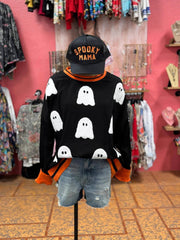 Ladies Summer Holiday Casual Halloween Ghost Embroidery Contrast Color Sweatshirts