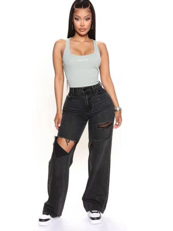 Black Gray Women High Waist Ripped Jeans Baggy Straight Trousers - kinko Global Holdings inc
