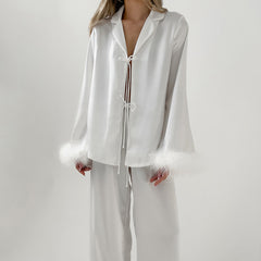 Spring Summer White Cardigan Lace up Feather Long Sleeved Trousers Pajamas Women Can Be Outerwear Homewear