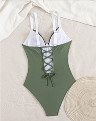 One Piece Swimsuit Tied Slim Fit Slim Looking Belly Covering Solid Color Backless One Piece Swimsuit