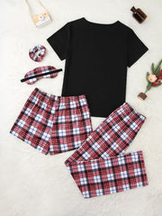 Pajamas Women Spring Autumn Plaid Casual Short Sleeved Summer Ladies Homewear Five Piece Set