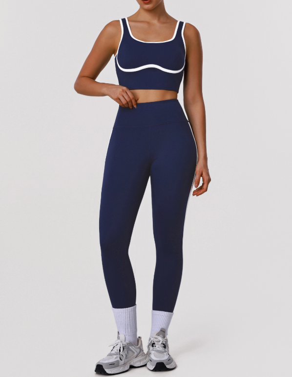 Contrast Color Striped Fitness Yoga Two Piece Sets High Elastic Shockproof Bra Hip Lift Belly Shaping Tights Sportswear - kinko Global Holdings inc