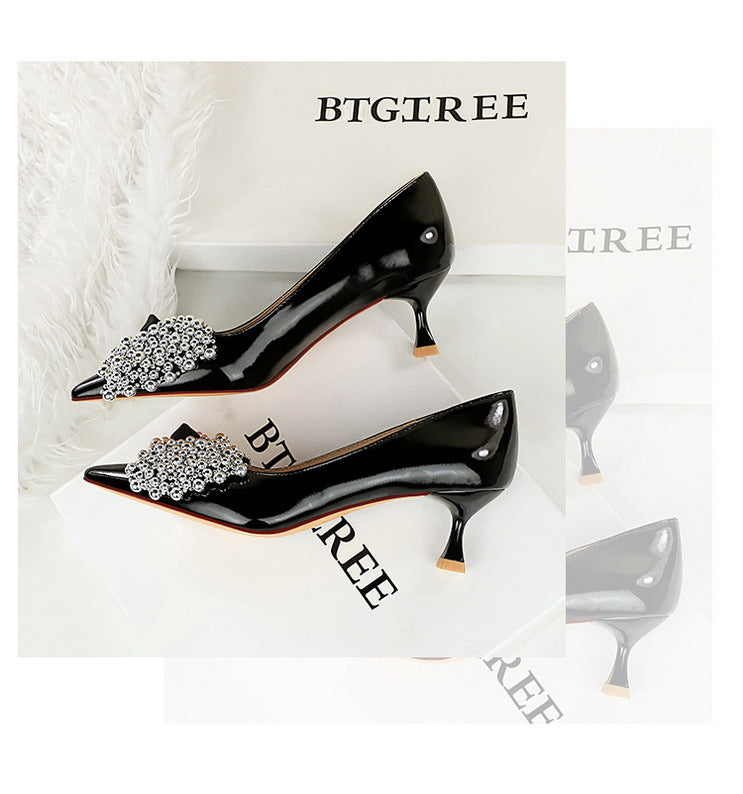 Diamond Bow Classy High Heels Pointed Stiletto Heel Shallow Mouth Thin Shoes Women - kinko Global Holdings inc