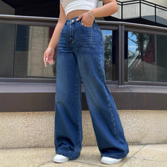Women Clothing Four Seasons Dark Color Water Scrubbing Denim Pants with Chain